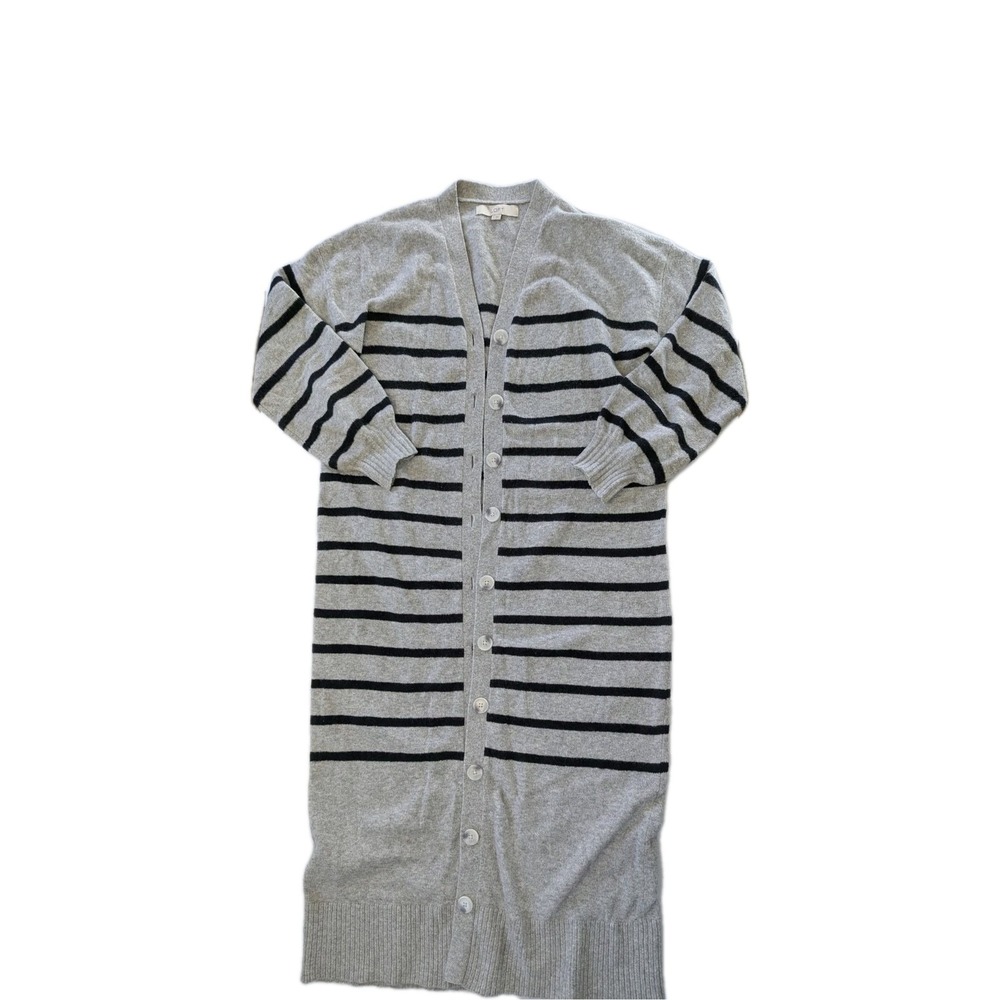 LOFT Striped Longline Cardigan Sweater Women's Medium Gray Black Button Front
